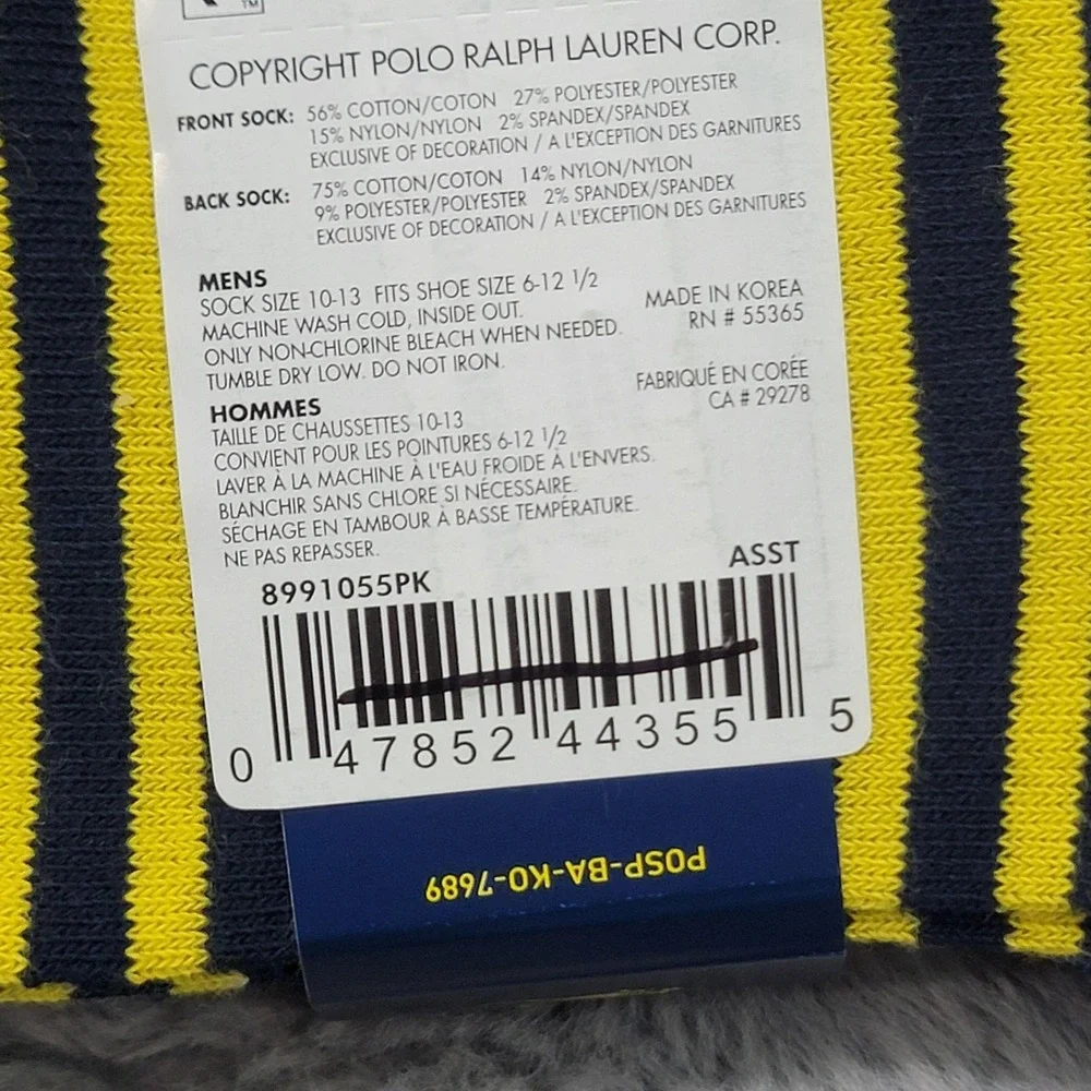 Polo Ralph Lauren Socks Mens 10-13 Multicolor Striped Plaid Pony Crew 2 Pairs